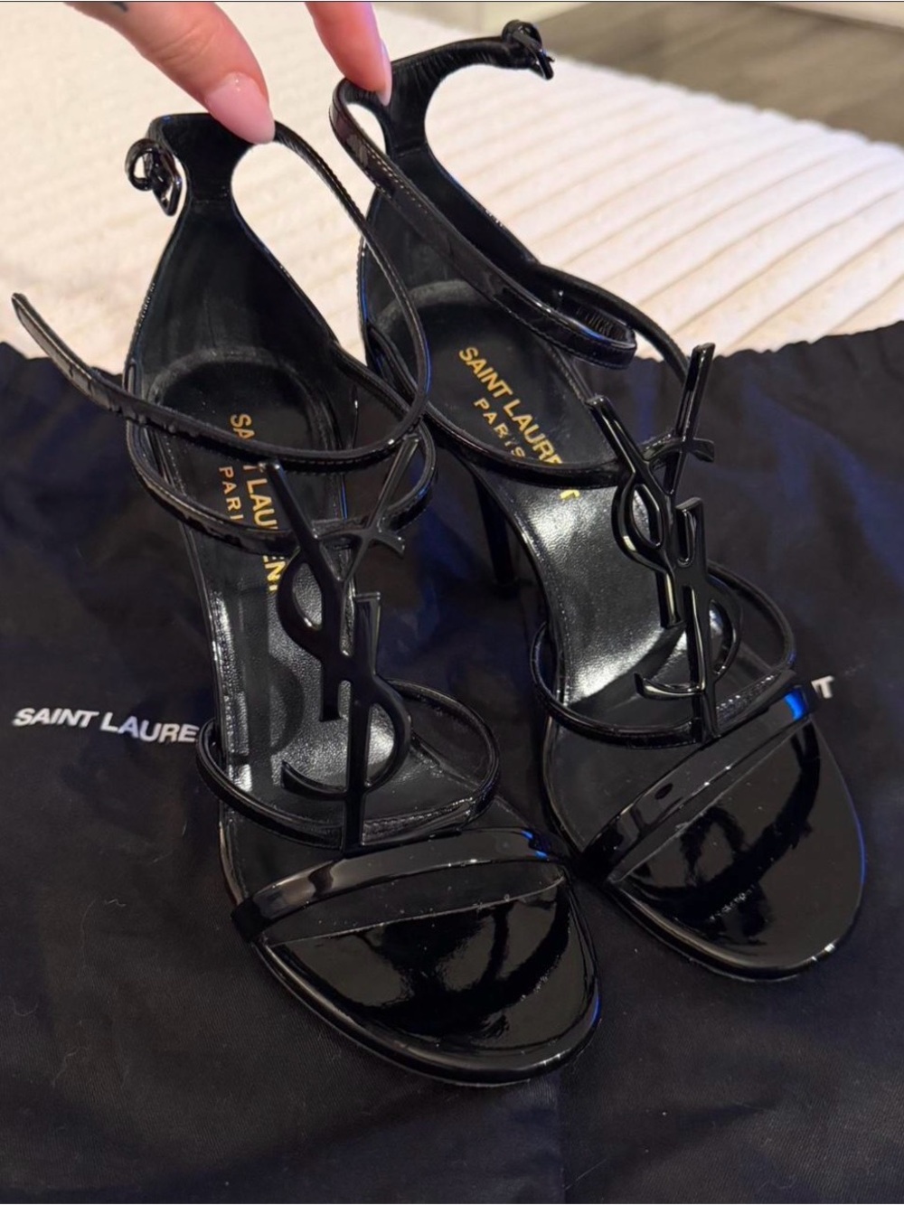 Saint Laurent Black Patent Opyum Logo Strap Heels